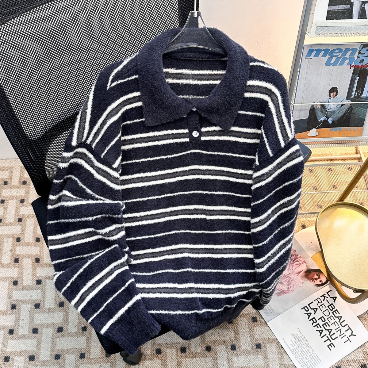 老钱风仿貂毛条纹polo领毛衣男女秋冬高级感痞帅慵懒风针织衫外套