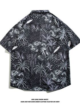 WH先生夏威夷风满印薄款短袖衬衫男女夏季潮牌宽松情侣沙滩衬衣