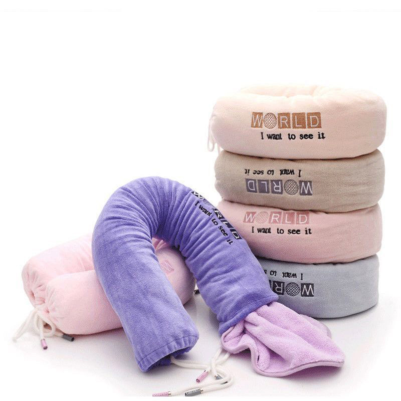 毛巾U型枕旅行大毛毯颈椎按摩枕珊瑚绒浴巾纯色情侣多功能毛巾枕