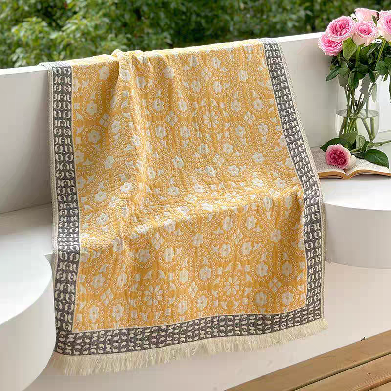 纯棉纱布浴巾全棉针织沙发盖毯碎花流苏床尾搭毯民宿装饰小毯子