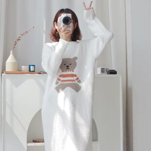 小熊冬季加绒珊瑚绒睡裙女装2026年新款中长版秋冬保暖家居服长袖