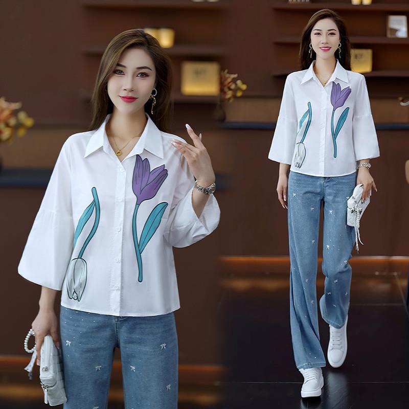 郁金香彩绘印花七分袖白衬衫女士2025新款夏季凉感小个子短款衬衣