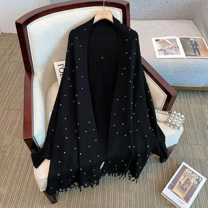 黑色披肩斗篷毛衣外套女秋冬大码胖mm针织开衫显瘦中长款亮片上衣