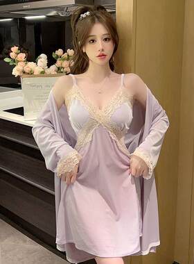 带胸垫金丝绒睡裙女2024年新款秋冬季性感吊带两件套可外穿家居服