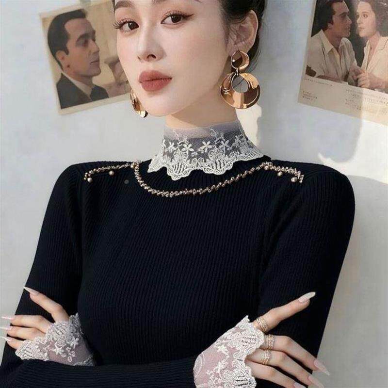 秋冬独特复古黑色钉珠高领毛衣针织打底衫女内搭蕾丝拼接长袖上衣