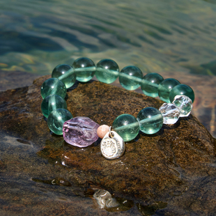 疗愈 三坛星石 勇气 智慧 天然紫水晶绿萤石情侣手串手链 碧波