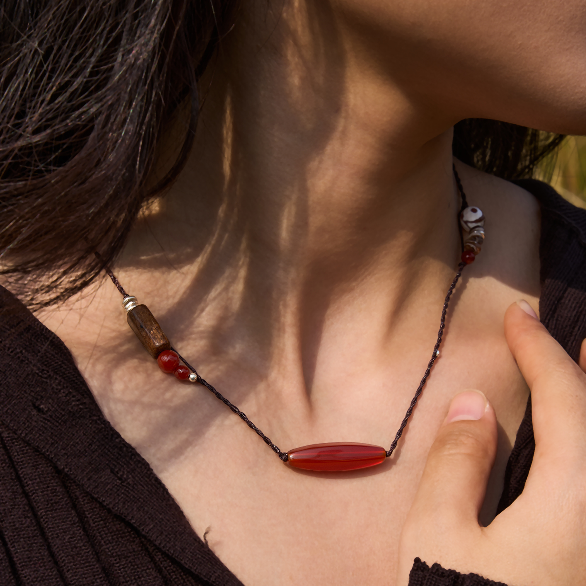 红玛瑙棕色贝壳990银原创长项链