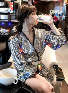 亮片风衣女中长款2025春季新款小西服修身显瘦女士时尚无领外套女