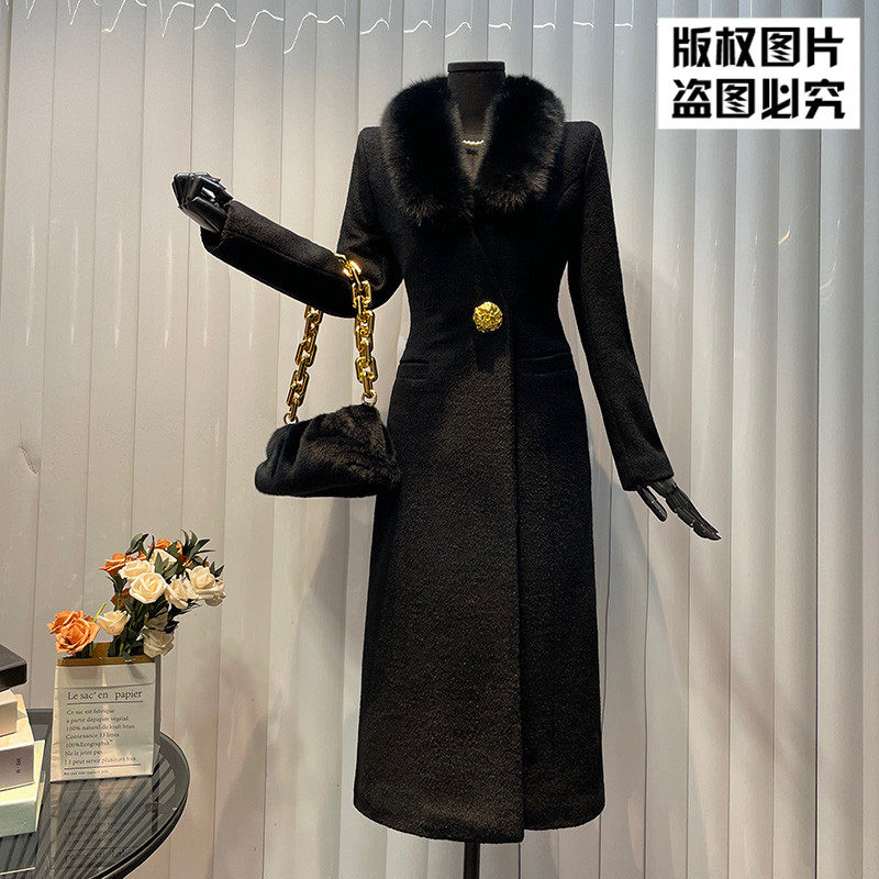 高级感狐狸毛领长款加棉大衣女2025冬季新款一粒扣修身超长款外套