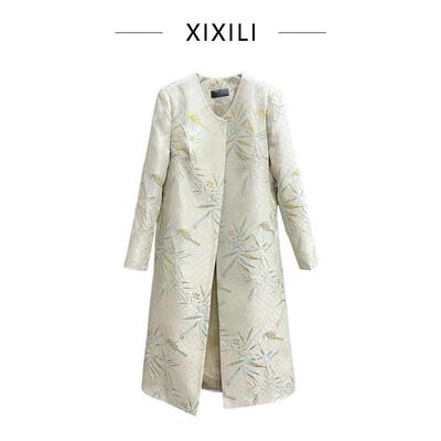 时尚刺绣竹叶风衣外套2025年春秋新款中长版国风碎花新中式风系带