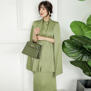 高端大气醋酸缎面西装 绿色时尚 新款 2025年春季 斗篷裙子外套 套装