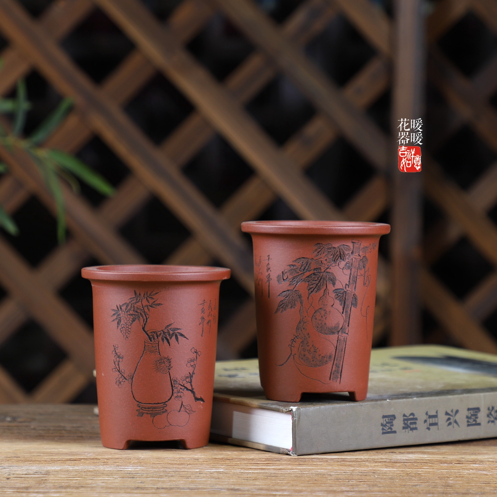 『玉瓶圆筒』唯珍款精品紫砂微型盆菖蒲盆 原矿紫砂紫砂 刻绘