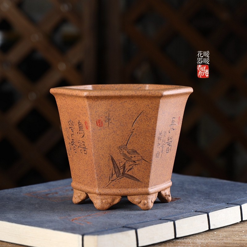 『云足斜口高六方』暖暖精选苏兵款手工小花盆紫砂古典柴烧刻绘绿