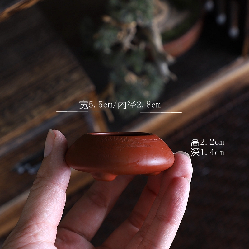 拇指花盆 精品全手刻绘通传山水 石瓢收口小圆足 迷你把玩大红i.