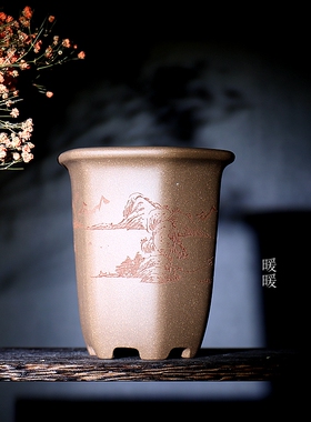 『山水高六方』冯长见作品 精品微型手工花盆 宜兴原矿青灰泥