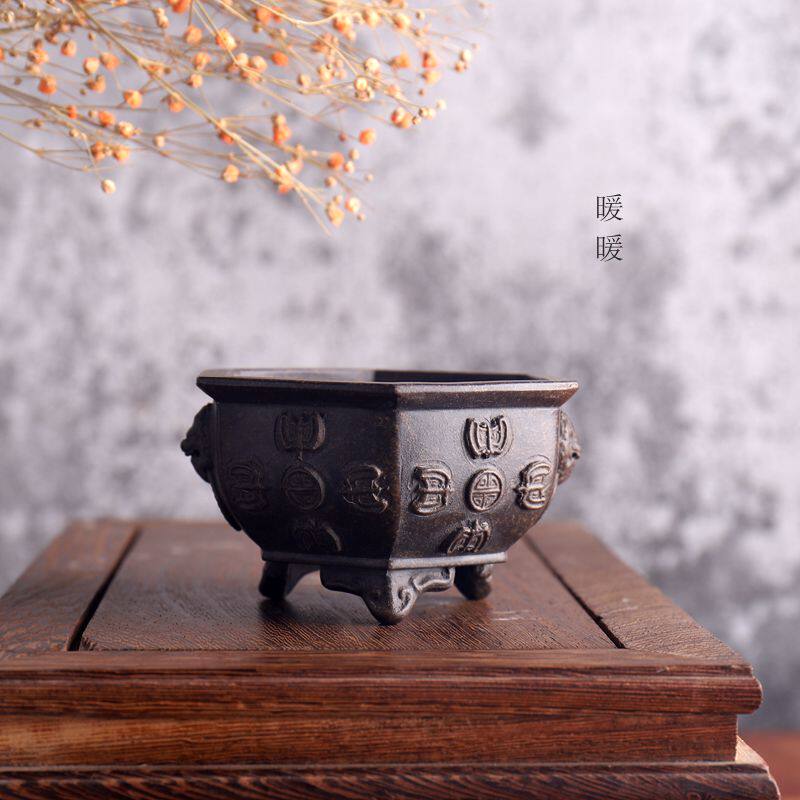 古铜泥仿古六方盆 兽面贴花盆 案台摆件