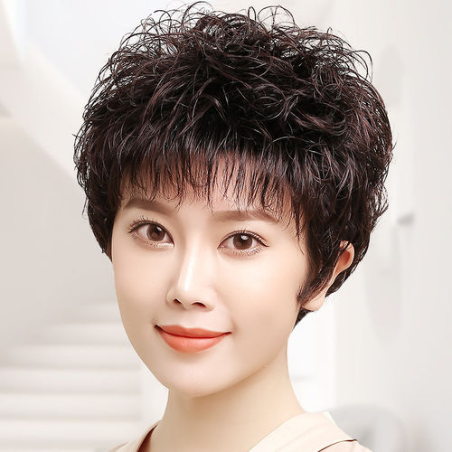 自然蓬松真人发短卷发时尚中老年