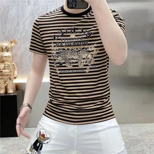 横条纹t恤男2024新款夏季豹子印花显瘦修身男士短袖t恤男潮半袖衫