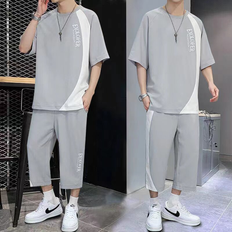 短袖t恤套装男款2025夏季潮牌宽松冰丝一套初中学生搭配短裤衣服