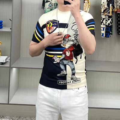 短袖T恤男夏季潮流男装2025新款宽松半袖上衣冰丝卡通印花体恤衫T