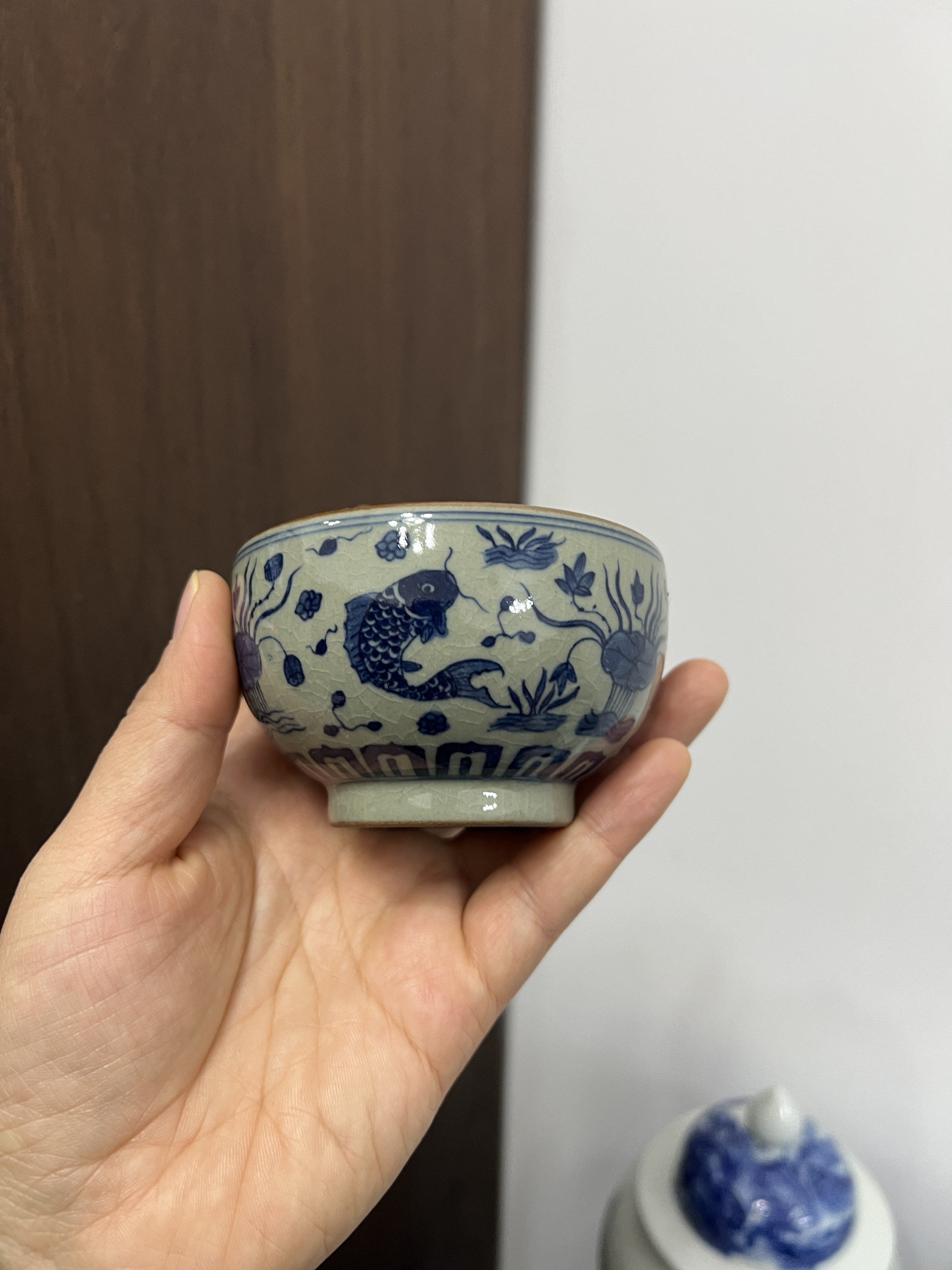 景德镇老陶泥青花手绘鱼藻纹罗汉杯 主人杯 全手工手绘柴窑烧制