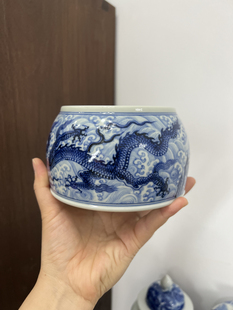 春花秋月手绘青花仿明海水双龙纹水洗水盂建水茶洗 景德镇陶瓷