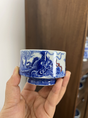 自成堂柴窑仿清青花釉里红龙纹马蹄单杯 陶瓷手绘高端茶器
