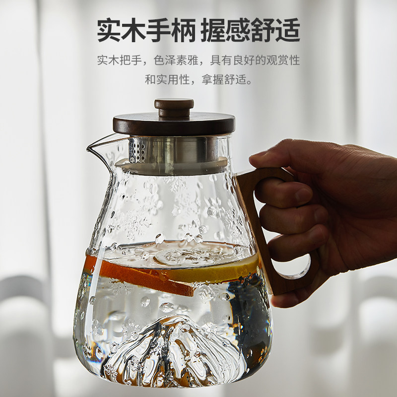 冷水壶玻璃家用耐热防爆开水瓶大容量雪山花茶扎壶木把观山凉水壶