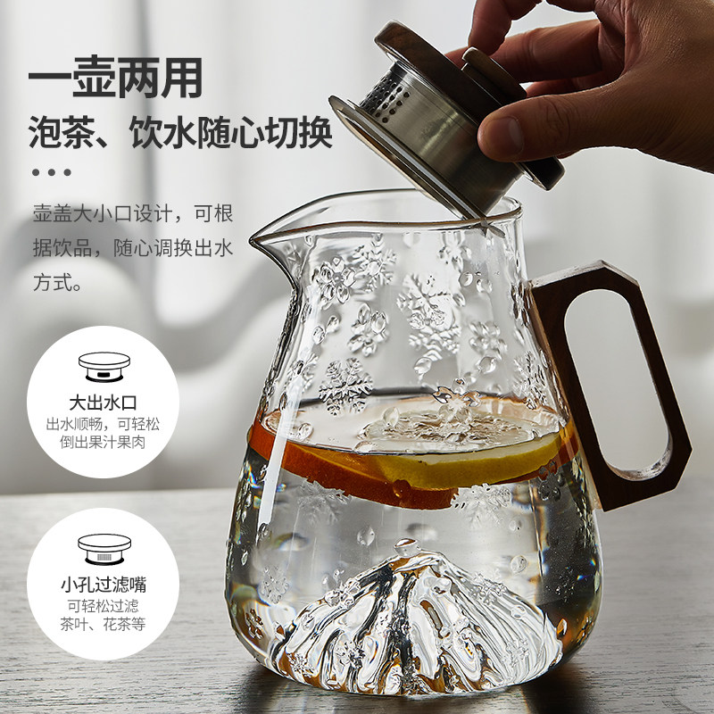 冷水壶玻璃家用耐热防爆开水瓶大容量雪山花茶扎壶木把观山凉水壶