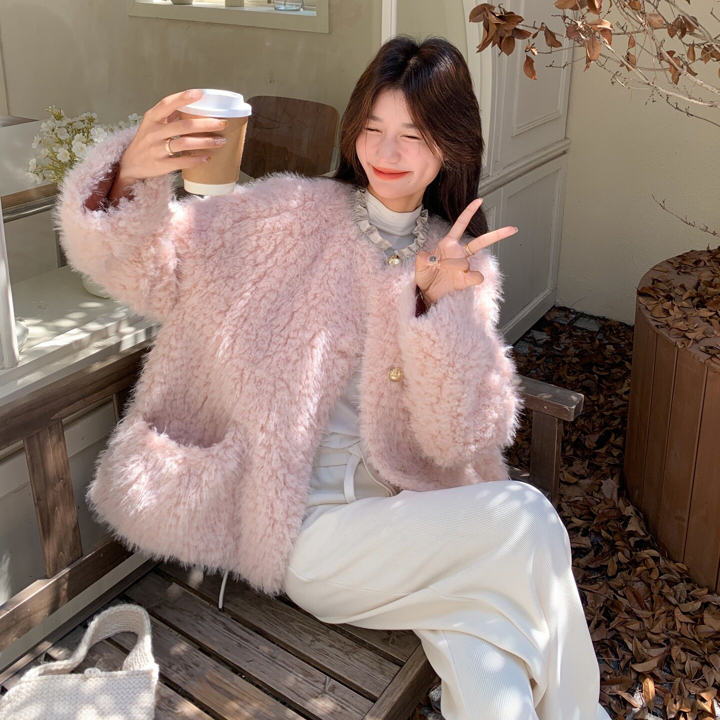 【出货中】圆领抽褶皮毛外套2566-粉P195-K298,女装棉衣/棉服,柏妮丝绮