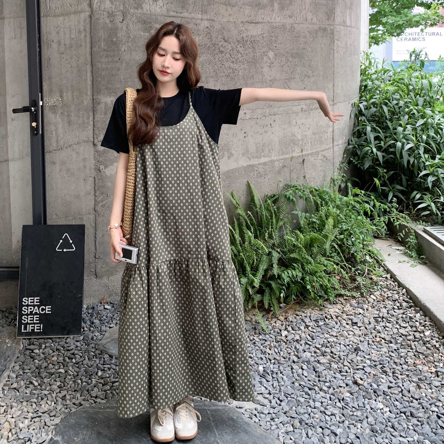 法式高级感波点撞色吊带连衣裙T恤套装女夏森系减龄气质及踝长裙，商品下架区商品下架区，柏妮丝绮