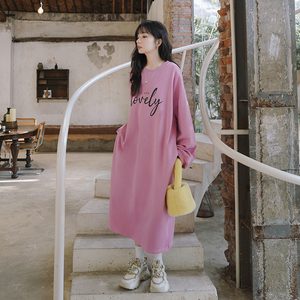 粉色宽松卫衣裙连衣裙女2025春秋新款百搭减龄休闲长袖初秋长裙子,女装卫衣/绒衫,柏妮丝绮
