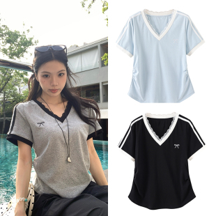 气质显瘦2026夏装新款胖mm大码女蕾丝花边甜辣妹弧形收腰短袖T恤