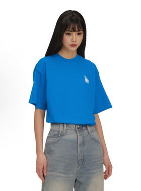 MLB 纯色Logo刺绣圆领套头短袖T恤 男女同款 蓝色3ATSEC723-07BLS
