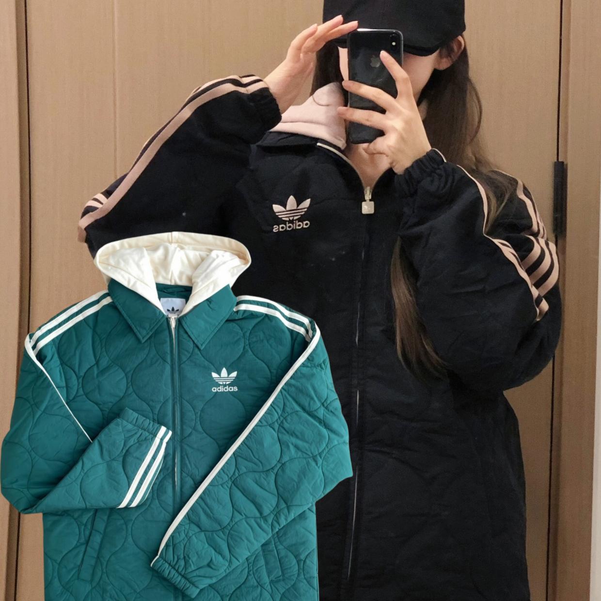 adidas 字母刺绣条纹拼色连帽保暖棉服外套 男 黑 IW6284 IW6285