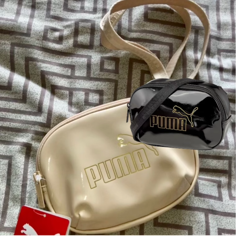 PUMA 彪马 亮面相机包单肩斜挎包 黑色 奶油色 078114-01-02