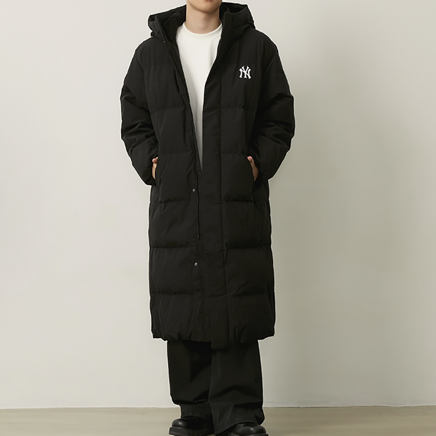 MLB 鹅绒防水连帽学院风字母印花长袖长款羽绒服3ADJB2146-黑色