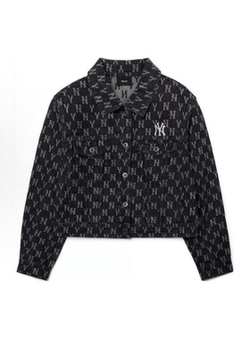 MLB 纽约洋基队老花满印牛仔外套 女款 深灰色3FDKM0321-50GRD