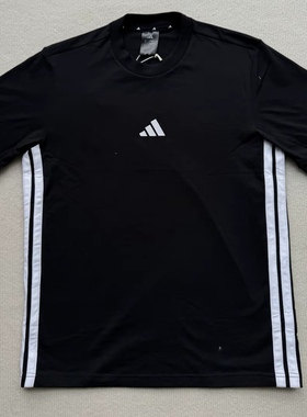 adidas阿迪达斯三条纹黑色半截袖2025春男棉质落肩短袖T恤 JY8564