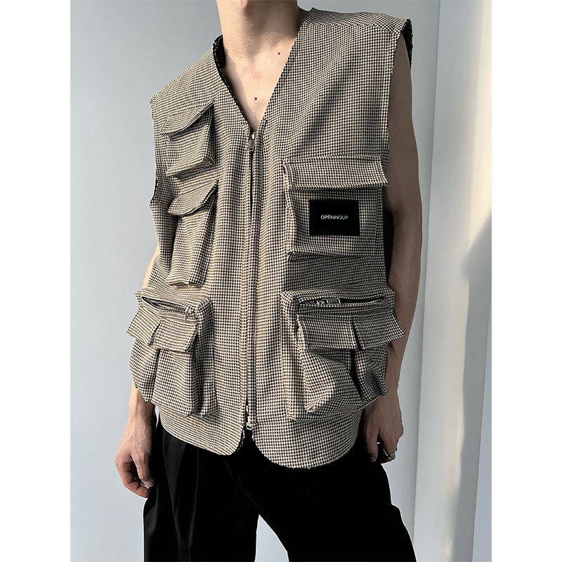 1110-CRB-04-P155重磅炸弹背心千鸟格口袋工装百搭马甲，男装背心/马甲，星座1110