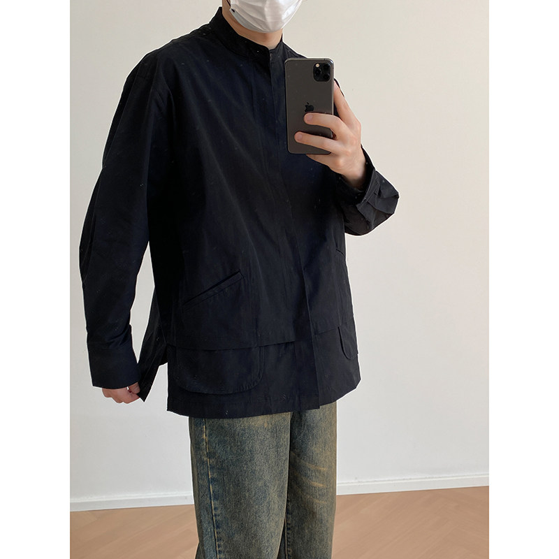 1110-YU119-P95设计感立领小众拼接黑色衬衫男长袖宽松衬衣,男装衬衫,星座1110