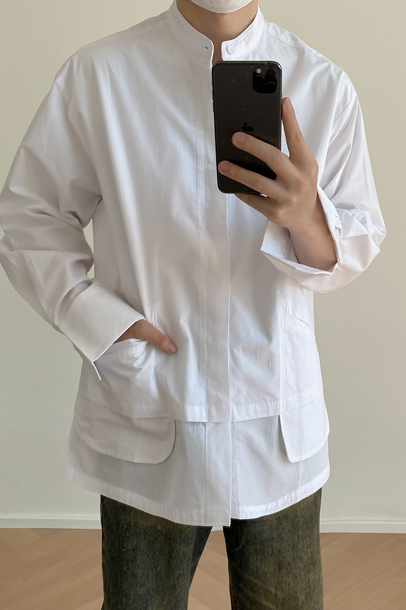 1110-YU119-P95设计感立领小众拼接黑色衬衫男长袖宽松衬衣,男装衬衫,星座1110