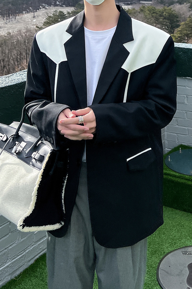 1110-X199-P140拼接撞色设计小众休闲西装外套黑色韩风西服,男装西服套装,星座1110
