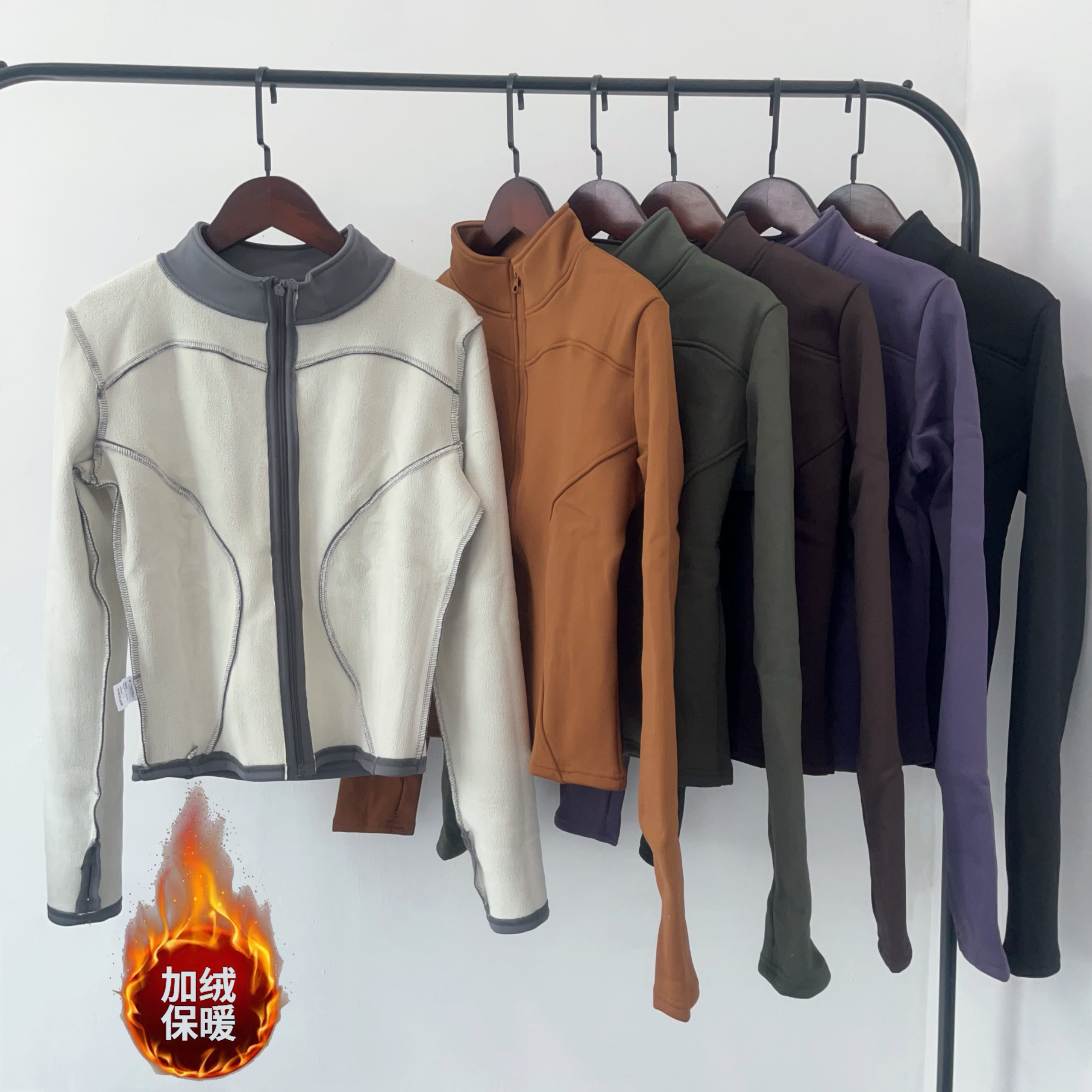 加厚加绒户外运动修身外套女立领长袖防风瑜伽服跑步健身上衣大码
