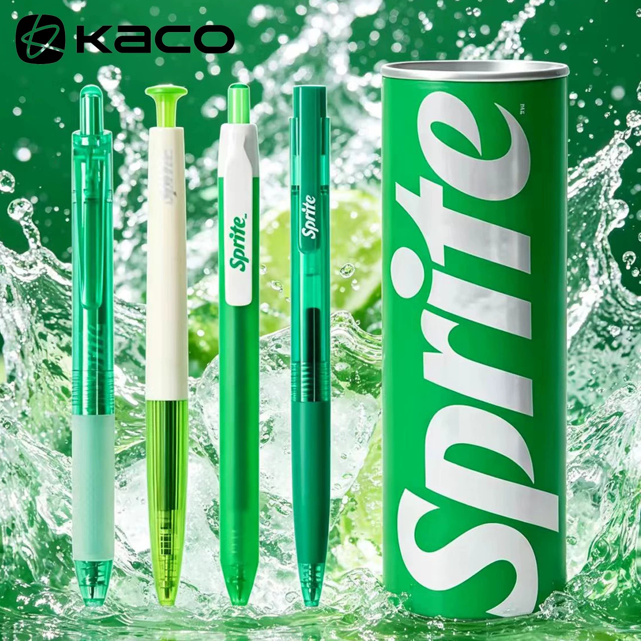 KACO雪碧联名嗨享罐中性笔套装4支装按动式0.5黑芯易拉罐创意中性笔大容量考试刷题办公速干可乐芬达水笔桶装
