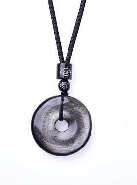 银黑曜石平安扣吊坠玉坠男士女情侣本命年礼物金曜石挂件护身符