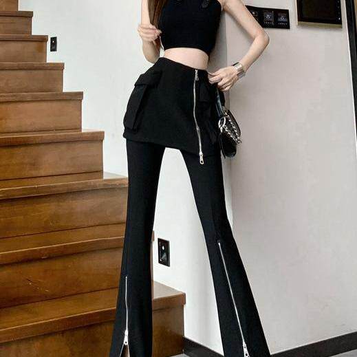 侧拉链大口袋裙裤暗黑辣妹拼接假两件休闲裤显瘦时尚微喇牛仔裤