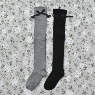 蝴蝶结长筒袜女袜纯棉黑色灰色宽松口过膝袜薄款 甜美学生日系袜