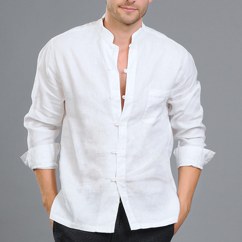 男式长袖亚麻衬衫 中式复古立领纯色宽松麻衬衣 2019春夏男装新款在类目 男装, 衬衫中 - 来自Buy2taobao.com提供专业的淘宝代购服务