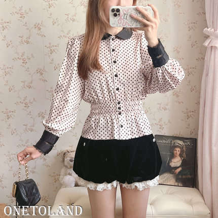 FiFi chachnil 法式黑波点长袖蕾丝缎面小众衬衫女秋季娃娃2025